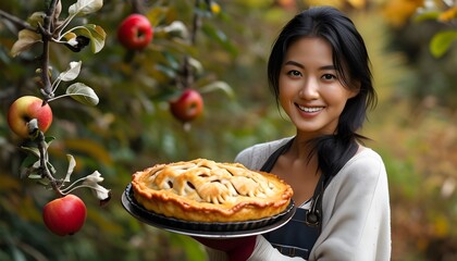 Homemade apple pie presented by an Asian woman in a vibrant garden, celebrating the joys of outdoor baking and the essence of autumn harvest