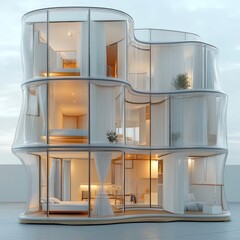 Poster - Modern, futuristic, transparent, multi-level home with curved design and wooden accents.