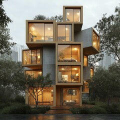 Poster - Modern, geometric, multi-level house with large windows and warm lighting.