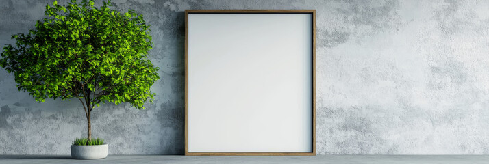 Poster - Blank canvas frame on a concrete wall with a potted plant.