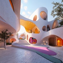 Canvas Print - Modern, organic architecture with bright, colorful interiors and a paved courtyard.