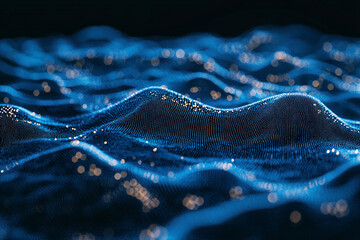 Poster - Image of horizontal lines of blue particles and undulating 3d landscape on black background.