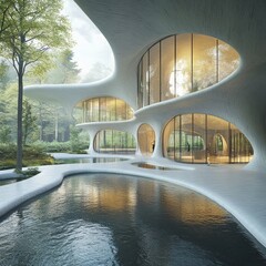 Wall Mural - Modern, organic architecture with a reflecting pool and a forest backdrop.