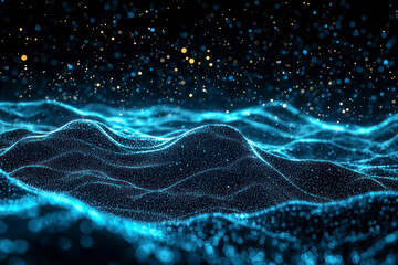 Poster - Image of horizontal lines of blue particles and undulating 3d landscape on black background.