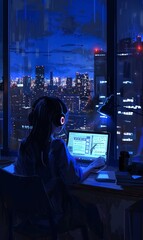 illustration of lonely solitude girl studying and coding with laptop by window with night city view,