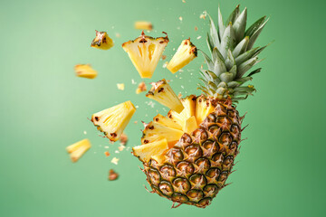 Wall Mural - Pineapple on green background with flying slices inside. Summer concept.