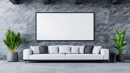 Poster - A white sofa with black and white pillows in a modern living room.