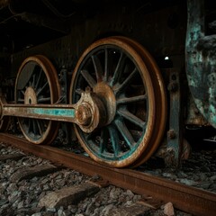 Close-up view of mining cart wheels on a railway.