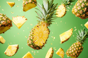 Wall Mural - Pineapple on green background with flying slices inside. Summer concept.