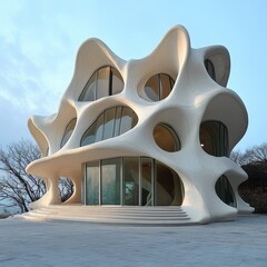 Sticker - Modern, organic-shaped, white building with large windows.