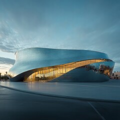 Wall Mural - Modern, sleek, silver building with a curved facade reflecting the sky at dusk.