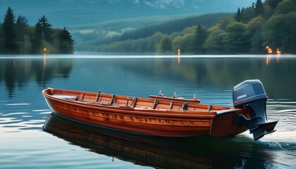 Wall Mural - Tranquil lake scene featuring a boat motor during a peaceful evening, embodying outdoor recreation and nature exploration in serene waters