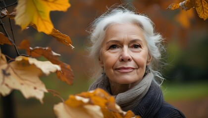 Wall Mural - Graceful autumn reflections of an elderly woman amidst vibrant fallen leaves in a peaceful park setting