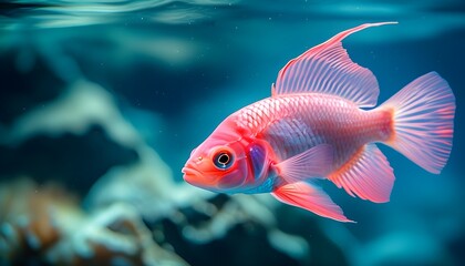 Wall Mural - Vibrant pink tropical fish gliding through pristine blue waters, showcasing the beauty of marine life and the enchanting underwater world