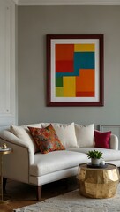 Poster - Interior with a white sofa and a colorful frame in a modern setting.