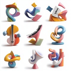 Sticker - Nine abstract, colorful, 3D sculptures on a white background.