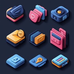 Poster - Nine colorful 3D icons with rounded corners representing various functions.