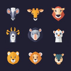 Sticker - Nine colorful animal head icons with flat design.