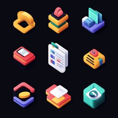 Canvas Print - Nine colorful isometric icons on a black background, each representing a different digital tool or service.