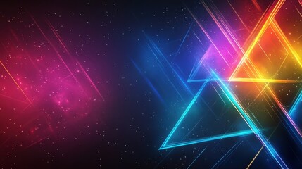 Poster - Abstract pattern of geometric neon shapes in various colors glowing against a pitch-black background