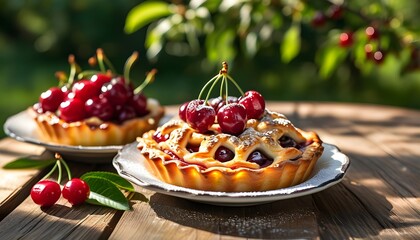 Poster - Homemade cherry pie on a wooden table in a sunny garden, celebrating summer treats and outdoor picnics with a delightful fruit pastry backdrop.