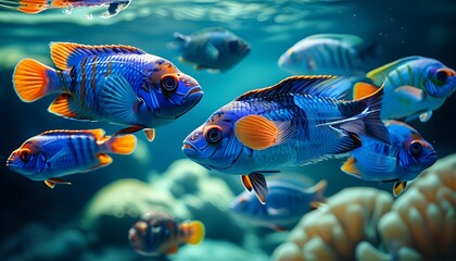 Vibrant blue tropical fish gliding through crystal-clear waters in a serene underwater paradise