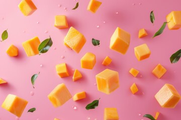 A selection of colorful cheese cubes arranged on a bright pink surface