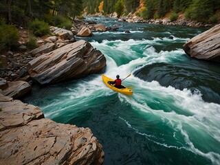 Wall Mural - Kayaker navigating through white-water rapids in a scenic canyon.