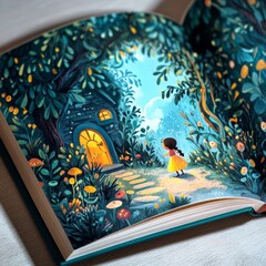 Sticker - Open book with illustrated story of girl walking towards a cottage in a magical forest.