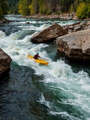 Wall Mural - Kayaker navigating white-water rapids in a scenic canyon