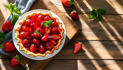 Wall Mural - Homemade strawberry pie on wooden table with warm sunlight, embodying summer sweetness and the joy of fresh desserts