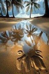 Poster - Palm trees reflected in a puddle on a sandy beach with footprints.