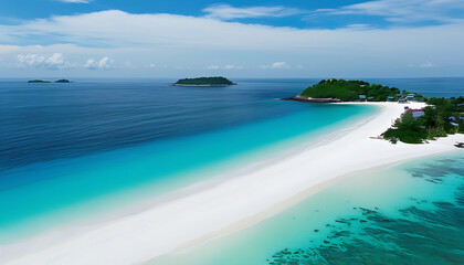 Sticker - Panoramic view of white sand beach, island getaway ambiance.