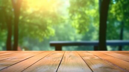 Poster - Wooden Tabletop with Blurred Green Nature Background