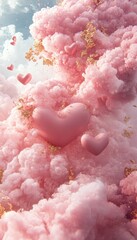 Wall Mural - Pink clouds with golden glitter and pink hearts floating in the sky.