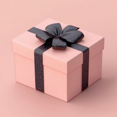 Wall Mural - Pink gift box with black ribbon and bow on pink background.