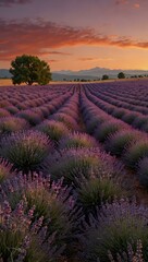 Wall Mural - Lavender fields at sunset, bathed in pink and purple hues.