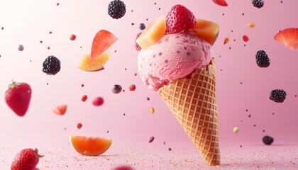 Poster - Pink ice cream cone with fresh fruit and berries falling around it on a pink background.