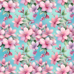 Wall Mural - Seamless pattern with small watercolor flowers in shades of pink and lilac, with a soft light blue background.