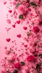 Canvas Print - Pink roses, hearts, and petals scattered on a pink background.