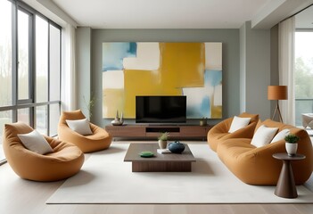 A modern living room with a large abstract wall painting featuring cool blue and green hues . The room has a minimalist design a low wooden coffee table , two large beige bean bag chairs 