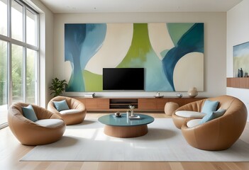 A modern living room with a large abstract wall painting featuring cool blue and green hues . The room has a minimalist design a low wooden coffee table , two large beige bean bag chairs 