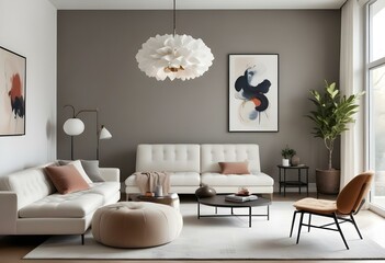 A modern living room with a white tufted sofa, a framed abstract artwork on the wall, and a pendant light fixture. The room has a minimalist and cozy atmosphere (2)