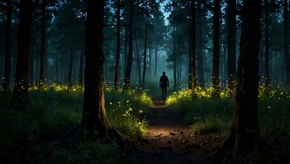 Sticker - Lone silhouette in a forest lit by glowing fireflies.