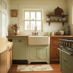 Poster - Rustic farmhouse kitchen with wooden cabinets, a farmhouse sink, and a vintage oven.