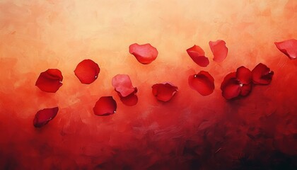 Wall Mural - Scattered red rose petals on a vibrant orange and red background.