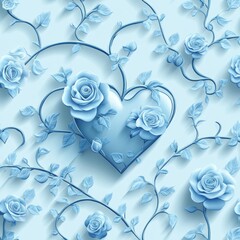 Poster - Seamless pattern of blue roses and heart on a light blue background.