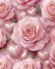 Poster - Seamless pattern of pink roses and hearts.