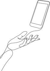Wall Mural - continuous one line drawing of human hand holding smartphone. mobile phone on palm hand. cellular ph
