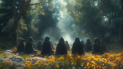 Members of the Doykeestr sect gathered in hoods around a circle in a forest setting during daylight